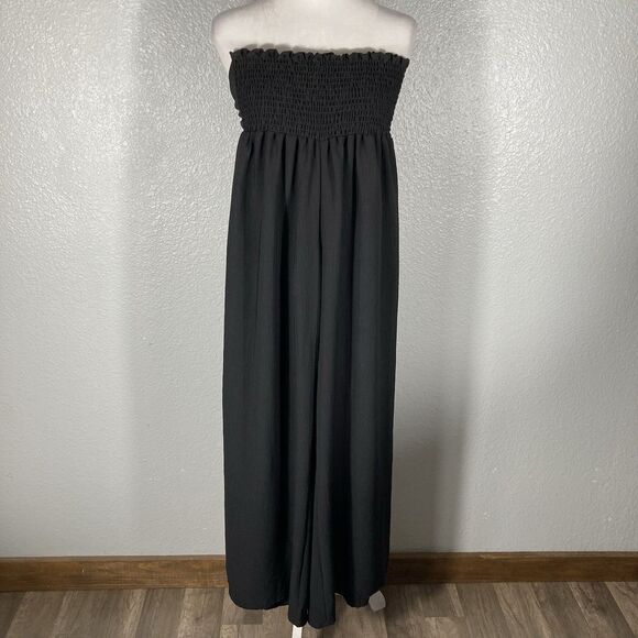 Pink Lily Pants - Womens Jumpsuit Strapless Halter Smocked Size M Black Tie Waist Wide Leg Flowy